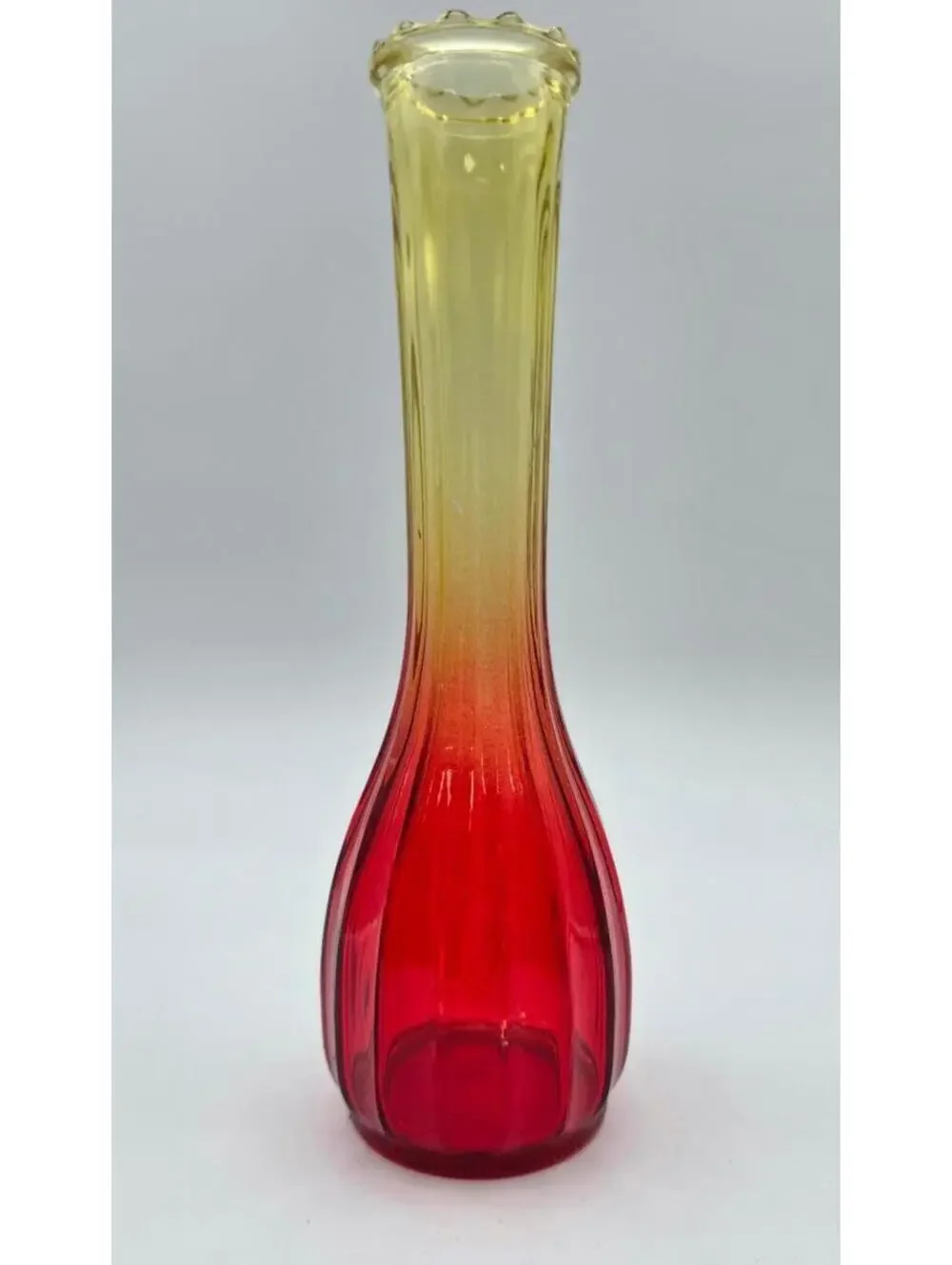 Vintage Jeannette Amberina Glass Red to Amber Ribbed Bud Vase MCM